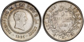 1821. Fernando VII. Madrid. SR. 10 reales. (Cal. 762). 13,64 g. Tipo "cabezón". Preciosa pátina. Escasa así. MBC+/EBC-.