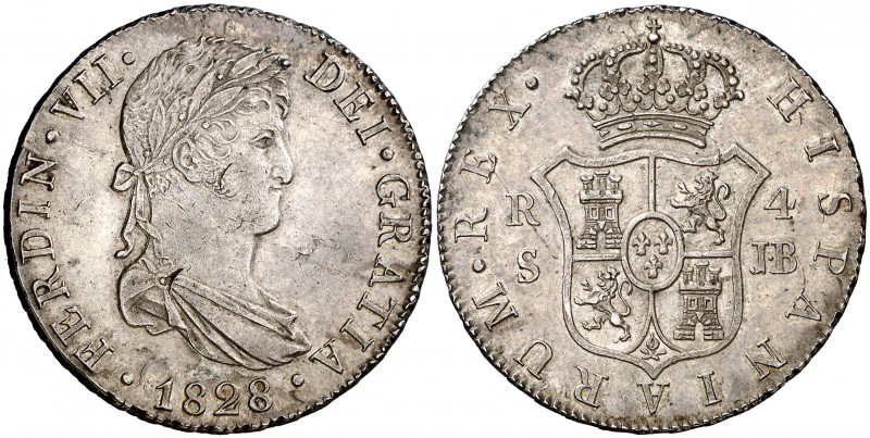 1828. Fernando VII. Sevilla. JB. 4 reales. (Cal. 818). 13,70 g. Dos golpecitos. ...