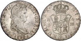 1828. Fernando VII. Sevilla. JB. 4 reales. (Cal. 818). 13,70 g. Dos golpecitos. Bella. Brillo original. Escasa así. (EBC-).