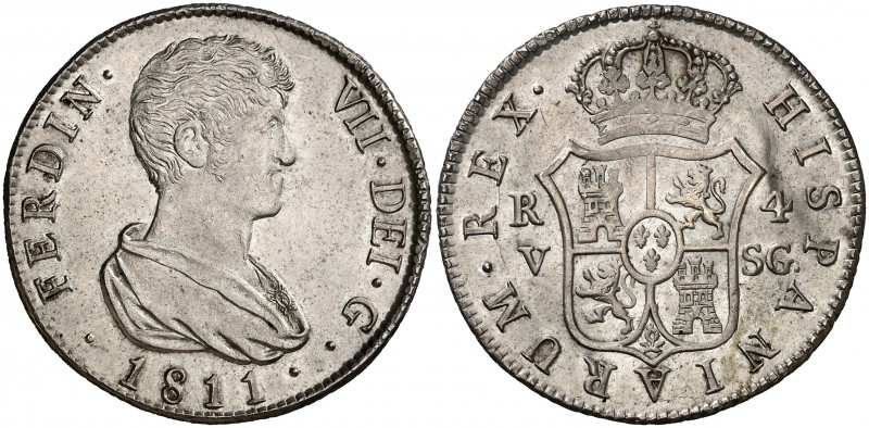 1811. Fernando VII. Valencia. SG. 4 reales. (Cal. 829). 13,48 g. Bella. Parte de...