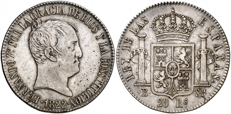 1822. Fernando VII. Barcelona. SP. 20 reales. (Cal. 368). 26,79 g. Tipo "cabezón...