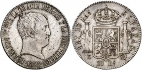 1822. Fernando VII. Barcelona. SP. 20 reales. (Cal. 368). 26,79 g. Tipo "cabezón". Leves impurezas. Rara. MBC+.