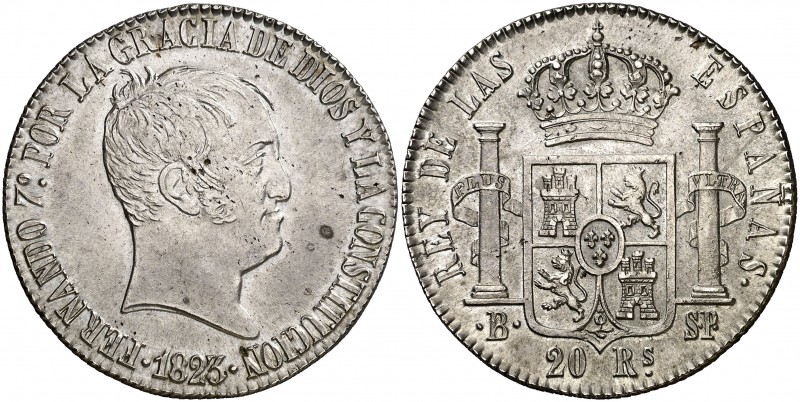 1823. Fernando VII. Barcelona. SP. 20 reales. (Cal. 369). 26,92 g. Tipo "cabezón...
