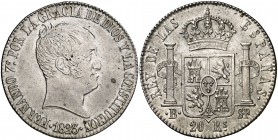 1823. Fernando VII. Barcelona. SP. 20 reales. (Cal. 369). 26,92 g. Tipo "cabezón". Leves impurezas. Atractiva. Rara y más así. EBC-/EBC.