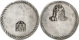 1808. Fernando VII. Girona. 1 duro. (Cal. 428). 25,62 g. Gráfila levógira. MBC-.