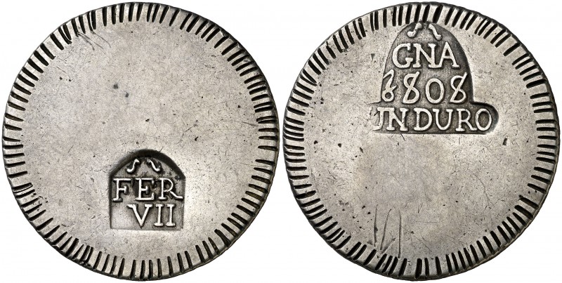 1808. Fernando VII. Girona. 1 duro. (Cal. 428). 26,48 g. Gráfila dextrógira. Ray...