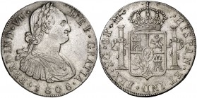 1808. Fernando VII. Guatemala. M. 8 reales. (Cal. 456). 26,94 g. Busto de Carlos IV. Rayitas en reverso y leves golpecitos. Escasa. (EBC-).