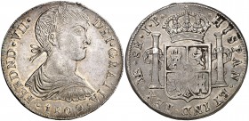 1809. Fernando VII. Lima. JP. 8 reales. (Cal. 473) (Calbetó reseña una pieza similar nº 406, pero sin señalar la importancia del busto y sólo indica u...