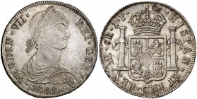 1809. Fernando VII. Lima. JP. 8 reales. (Cal. falta) (Kr. falta) (Calbetó 405, pero no reseña el tipo especial de busto). 26,54 g. Segundo busto indíg...