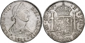 1811. Fernando VII. Lima. JP. 8 reales. (Cal. 476). 26,62 g. Busto indígena. Leves golpecitos. Buen ejemplar. MBC+.