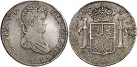 1824. Fernando VII. Lima. JM. 8 reales. (Cal. 491). 26,50 g. Único año de este busto. Plata ligeramente agria. Buen ejemplar. Rara. MBC+.