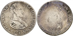 1809. Fernando VII. Lleida. 5 pesetas. (Cal. 494) (Cru.C.G. 6024a). 25,98 g. Acuñación floja, pero con las leyendas perfectas. Leves rayitas. Rarísima...