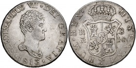1813/2. Fernando VII. Madrid. IG. 8 reales. (Cal. 499). 27,05 g. Busto desnudo. Golpecitos. Rara. MBC+.