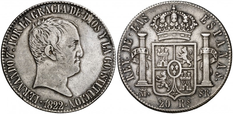 1822. Fernando VII. Madrid. SR. 20 reales. (Cal. 516). 26,90 g. Tipo "cabezón". ...