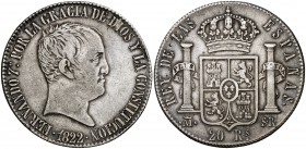 1822. Fernando VII. Madrid. SR. 20 reales. (Cal. 516). 26,90 g. Tipo "cabezón". Rara. MBC/MBC+.