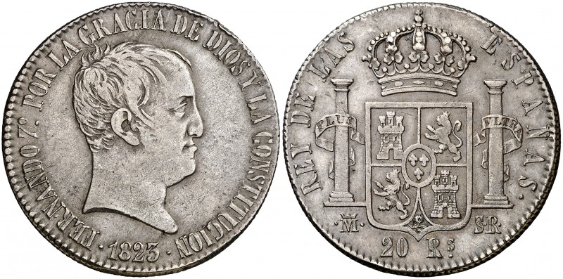 1823. Fernando VII. Madrid. SR. 20 reales. (Cal. 517). 26,82 g. Tipo "cabezón". ...