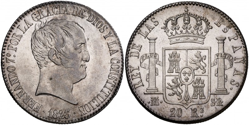 1823. Fernando VII. Madrid. SR. 20 reales. (Cal. 517). 26,90 g. Tipo "cabezón". ...