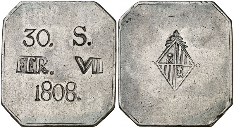 1808. Fernando VII. Mallorca. 30 sous. (Cal. 519). 26,57 g. Octogonal. Golpecito...