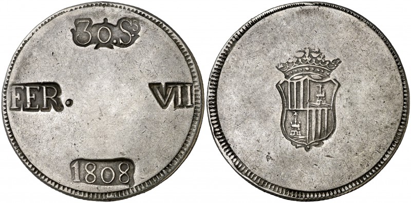 1808. Fernando VII. Mallorca. 30 sous. (Cal. 524). 26,58 g. Fecha grande. Golpec...
