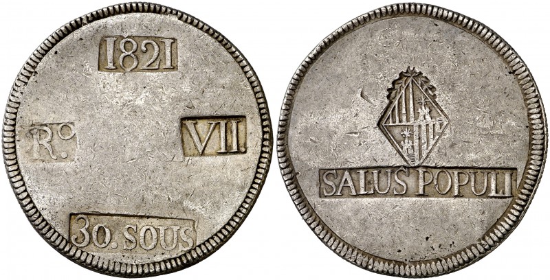1821. Fernando VII. Mallorca. 30 sous. (Cal. 525). 26,70 g. MBC.
