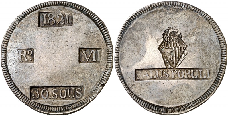 1821. Fernando VII. Mallorca. 30 sous. (Cal. 525). 26,51 g. Doble acuñación del ...
