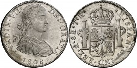 1808. Fernando VII. México. TH. 8 reales. (Cal. 537). 27 g. Busto imaginario. Pequeño defecto de acuñación en canto. Bella. Brillo original. Escasa as...