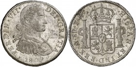 1809. Fernando VII. México. TH. 8 reales. (Cal. 539). 27 g. Busto imaginario. Leves impurezas. Bella. Brillo original. Rara así. EBC+.