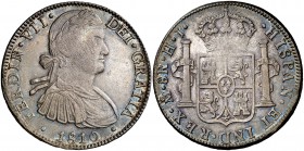 1810. Fernando VII. México. HJ. 8 reales. (Cal. 543). 26,89 g. Busto imaginario. Pátina. EBC-.