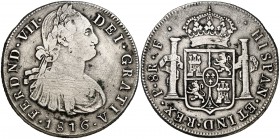 1816. Fernando VII. Popayán. F. 8 reales. (Cal. 596) (Restrepo 120-10). 26,49 g. Rayitas. Muy rara. MBC-/MBC.
