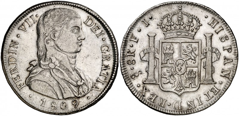 1809. Fernando VII. Santiago. FJ. 8 reales. (Cal. 624). 27,29 g. Busto almirante...