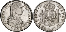1809. Fernando VII. Santiago. FJ. 8 reales. (Cal. 624). 27,29 g. Busto almirante sin laurel. Casaca sin botones. Limpiada. Buen ejemplar. Rara. MBC+/E...