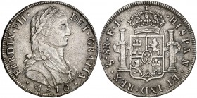 1810. Fernando VII. Santiago. FJ. 8 reales. (Cal. 625). 26,09 g. Busto almirante laureado. Casaca sin botones. Leves manchitas. Atractiva. Rara. EBC-.
