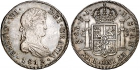 1813. Fernando VII. Santiago. FJ. 8 reales. (Cal. 629). 26,62 g. Leves marquitas. Bella. Preciosa pátina. Rara y más así. EBC/EBC+.