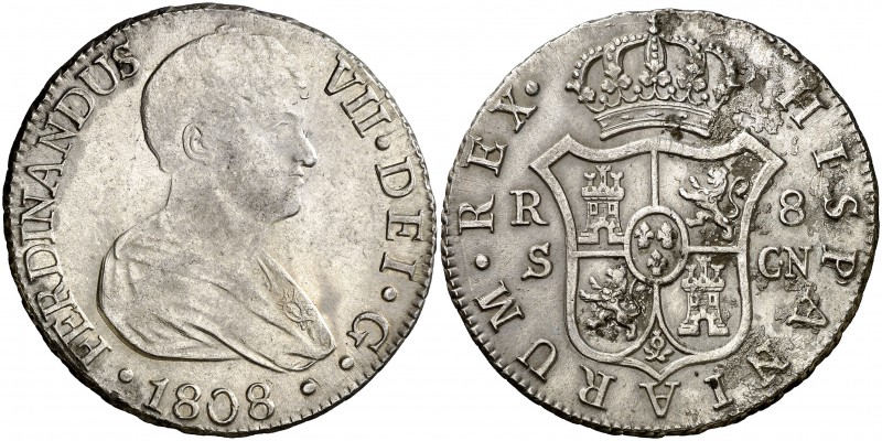 1808. Fernando VII. Sevilla. CN. 8 reales. (Cal. 634). 26,88 g. Busto desnudo. P...