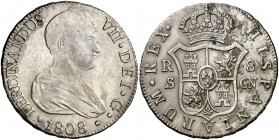 1808. Fernando VII. Sevilla. CN. 8 reales. (Cal. 634). 26,88 g. Busto desnudo. Pequeñas zonas de plata agria en reverso. MBC+.