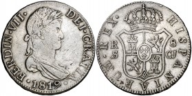 1819. Fernando VII. Sevilla. CJ. 8 reales. (Cal. 643). 26,81 g. Leves marquitas. Escasa. MBC+.