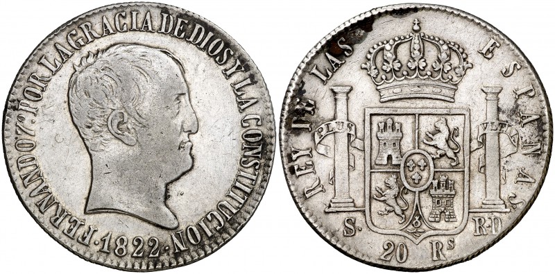 1822. Fernando VII. Sevilla. RS. 20 reales. (Cal. 645). 26,93 g. Tipo "cabezón"....