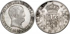 1822. Fernando VII. Sevilla. RS. 20 reales. (Cal. 645). 26,93 g. Tipo "cabezón". Leves manchitas. Rara. MBC.