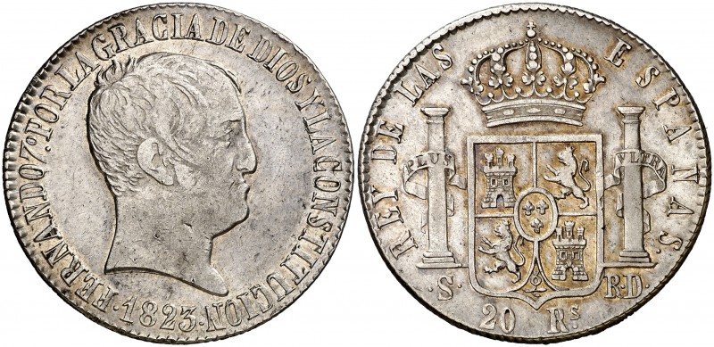 1823. Fernando VII. Sevilla. RD. 20 reales. (Cal. 646). 26,78 g. Tipo "cabezón"....