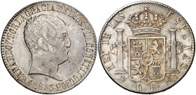 1823. Fernando VII. Sevilla. RD. 20 reales. (Cal. 646). 26,78 g. Tipo "cabezón". Bonita pátina. Parte de brillo original. Buen ejemplar. Rara. MBC+.