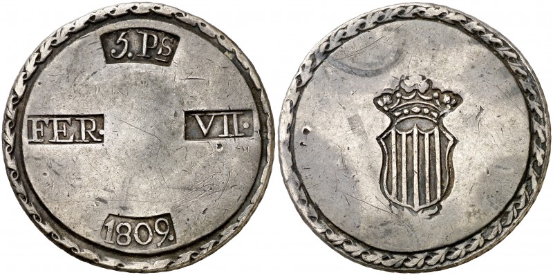 1809. Fernando VII. Tarragona. 5 pesetas. (Cal. 653). 26,46 g. Rayitas. MBC/MBC+...