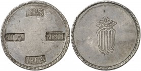 1809. Fernando VII. Tarragona. 5 pesetas. (Cal. 654) (Cru.C.G. 6025a). 26,58 g. Las cartelas de FER y VII invertidas. Bonita pátina. Muy rara. MBC+.