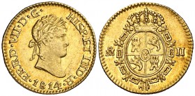 1814. Fernando VII. México. JJ. 1/2 escudo. (Cal. 361). 1,68 g. Bella. Precioso color. Muy escasa. EBC.