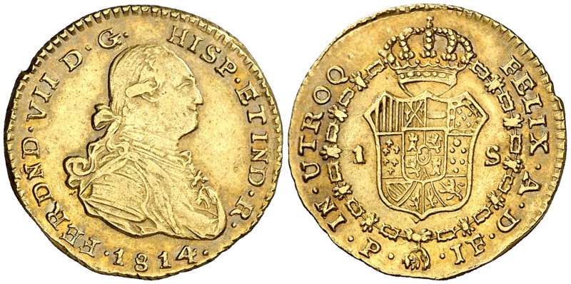 1814. Fernando VII. Popayán. JF. 1 escudo. (Cal. 312) (Restrepo 123-13). 3,35 g....