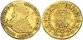 1817. Fernando VII. Santa Fe de Nuevo Reino. JF. 1 escudo. (Cal. 335) (Restrepo 122-21). 3,09 g. Escasa. BC/BC+.