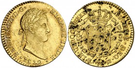 1812. Fernando VII. Cádiz. CI. 2 escudos. (Cal. 180). 6,72 g. Marca de ceca pequeña. Leves rayitas. Impurezas en reverso. Escasa. (EBC).