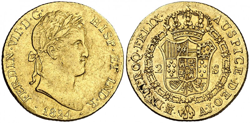 1824. Fernando VII. Madrid. AJ. 2 escudos. (Cal. 221). 6,77 g. Defecto de acuñac...