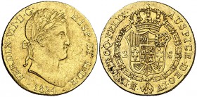 1824. Fernando VII. Madrid. AJ. 2 escudos. (Cal. 221). 6,77 g. Defecto de acuñación en canto. Parte de brillo original. MBC+.