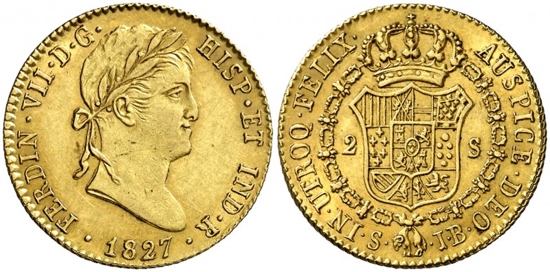 1827. Fernando VII. Sevilla. JB. 2 escudos. (Cal. 271). 6,74 g. Leves marquitas....