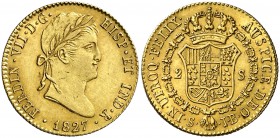 1827. Fernando VII. Sevilla. JB. 2 escudos. (Cal. 271). 6,74 g. Leves marquitas. Parte de brillo original. Bella. Ex Áureo & Calicó 16/12/2015, nº 158...